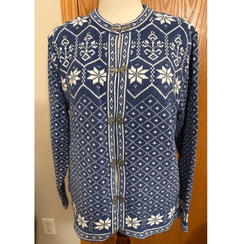 Croft & Barrow Blue White Fair Isle Snowflake Clasp Cardigan Sweater XL NWT